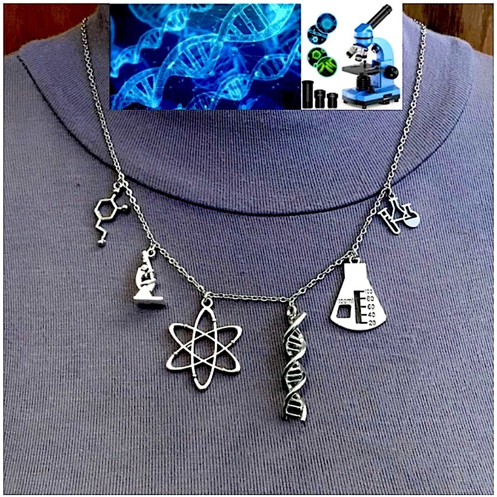“Science Wiz" Handmade Charm Necklace, Chemistry, Biology, Physics, DNA, Atom